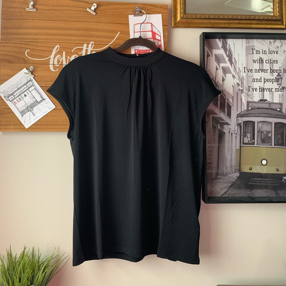 Black Mock Neck Pleated Short Sleeved Blouse
